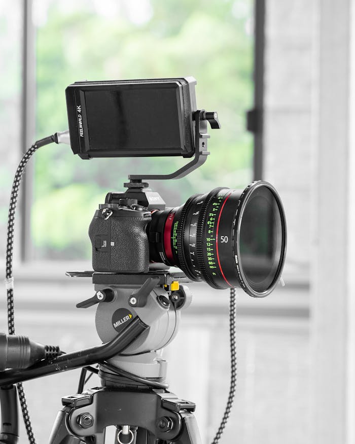 Close-up view of a professional camera rig on a tripod with a lens, in a Sydney studio space.