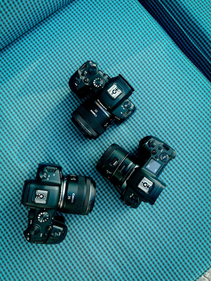 Three DSLR cameras arranged on teal houndstooth fabric, viewed from above.